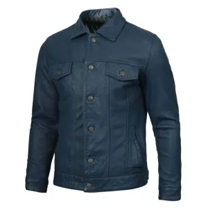 Blue Washed Leather Trucker Jacket Mens