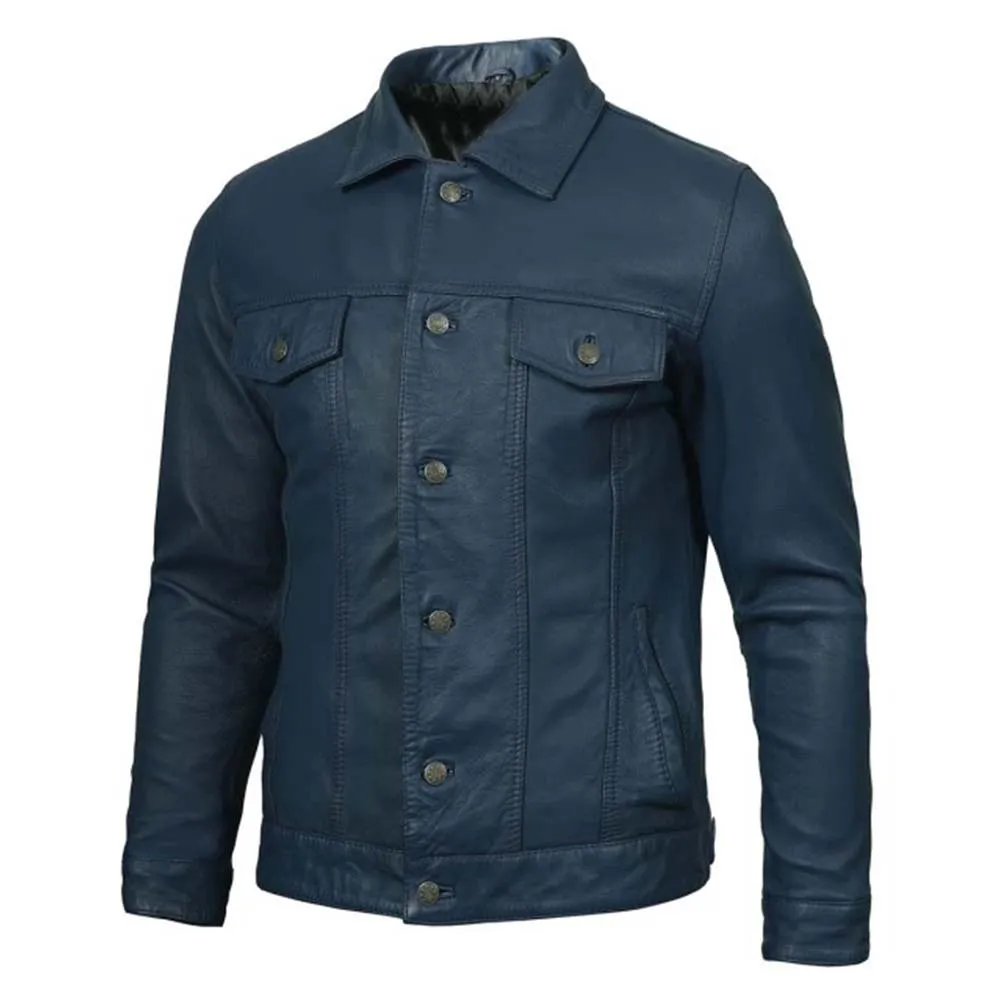 Blue Washed Leather Trucker Jacket Mens