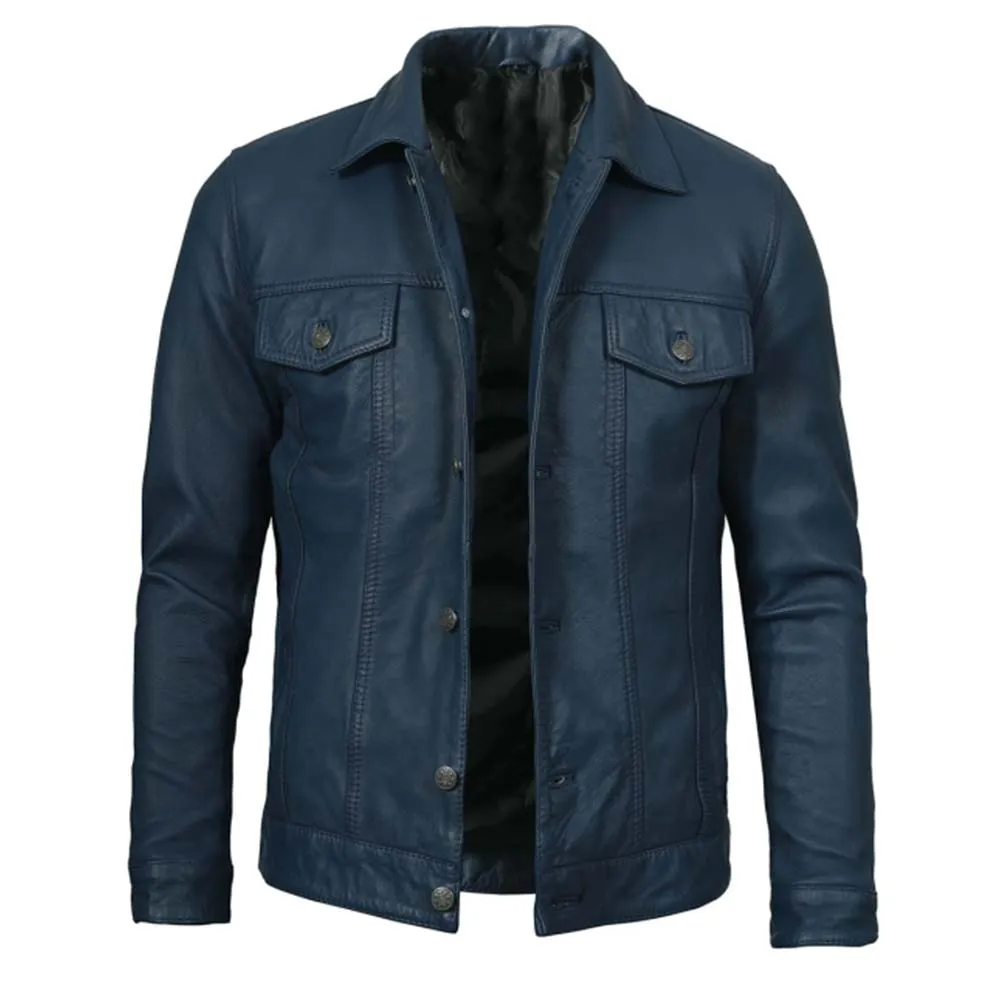 Blue Washed Leather Trucker Jacket Mens