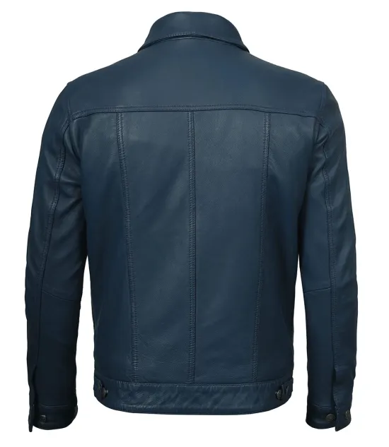 Blue Washed Leather Trucker Jacket Mens