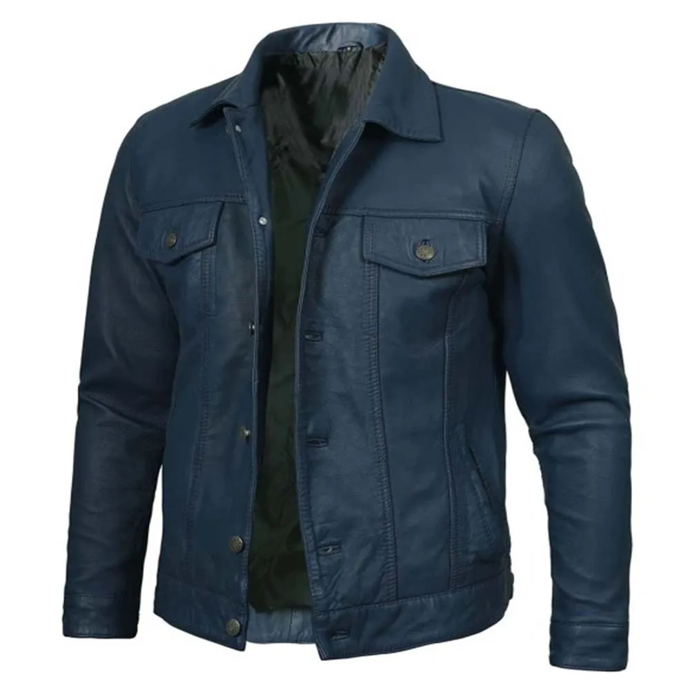 Blue Washed Leather Trucker Jacket Mens