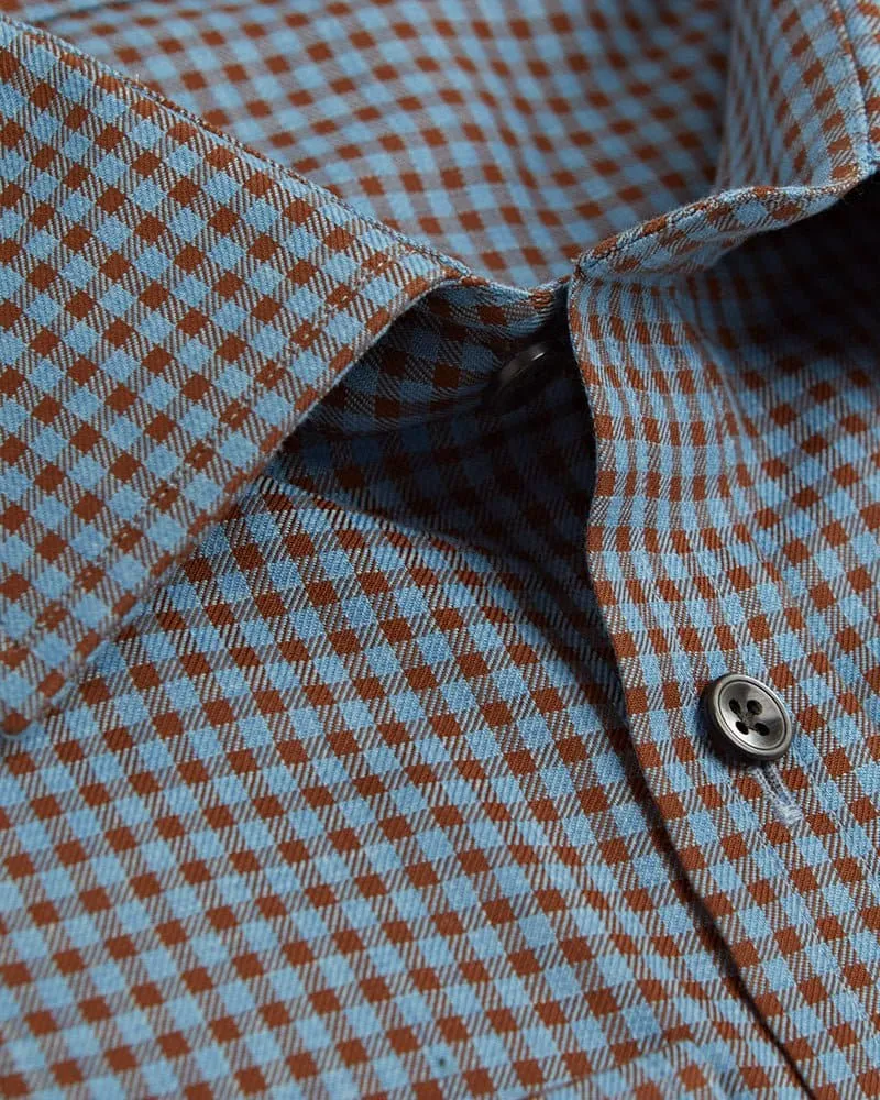 Contemporary Fit, Classic Collar, 2 Button Cuff Shirt in a Brown & Blue Check Twill Cotton