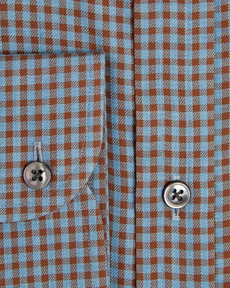 Contemporary Fit, Classic Collar, 2 Button Cuff Shirt in a Brown & Blue Check Twill Cotton