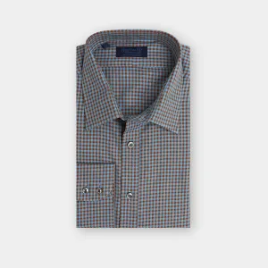 Contemporary Fit, Classic Collar, 2 Button Cuff Shirt in a Brown & Blue Check Twill Cotton