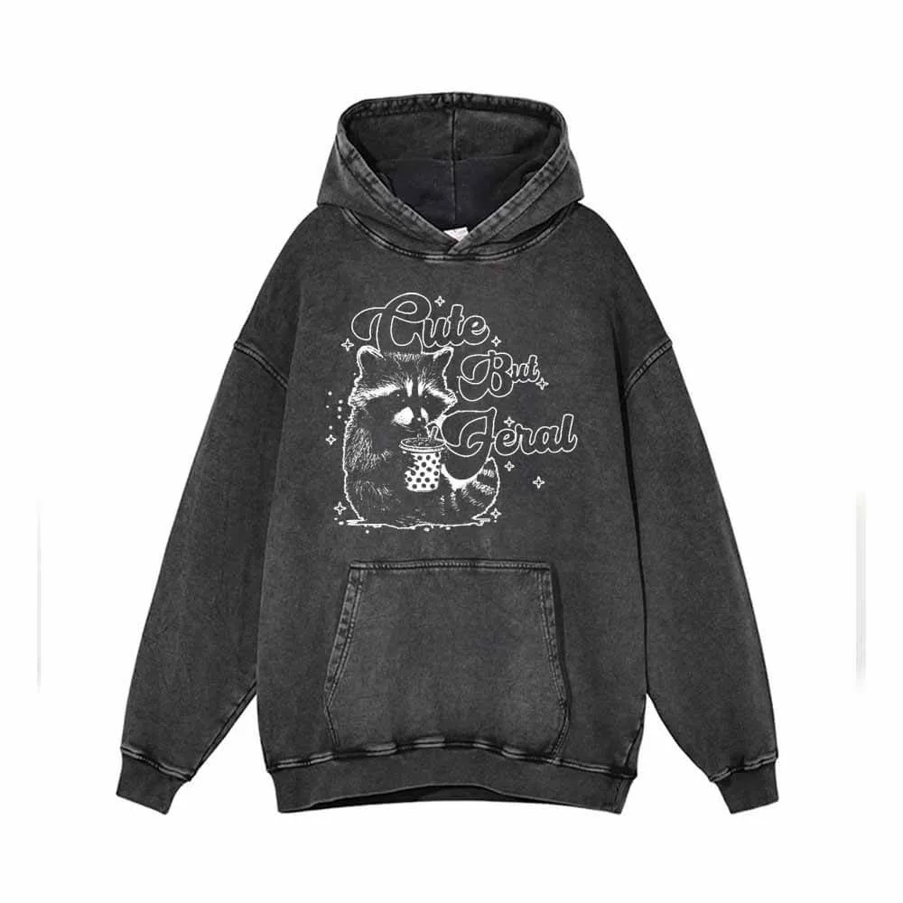 Cute But Feral Raccoon Funny Vintage Washed Hoodie