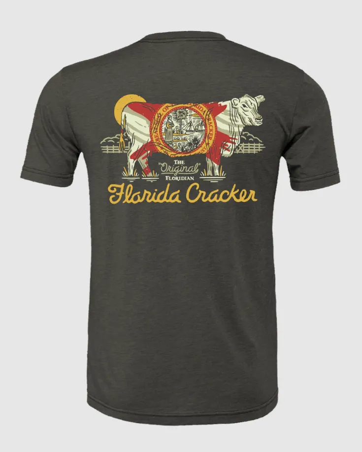 Florida Cracker Trading Co. Men's Black Heather Dairy Cow State Flag Short Sleeve T-Shirt