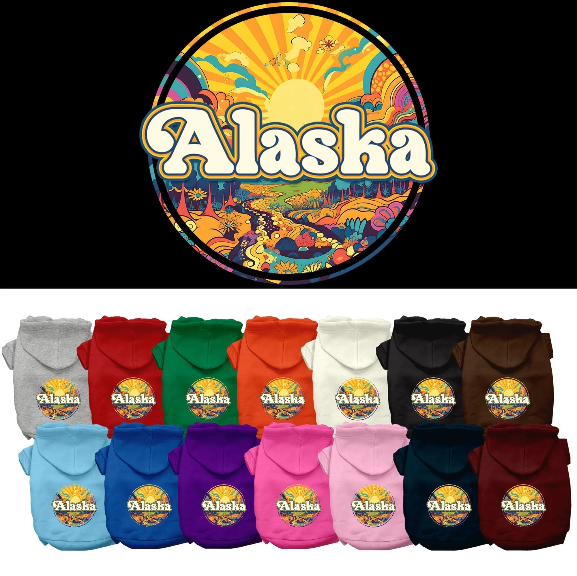 Pet Dog & Cat Screen Printed Hoodie for Medium to Large Pets (Sizes 2XL-6XL), "Alaska Trippy Peaks"