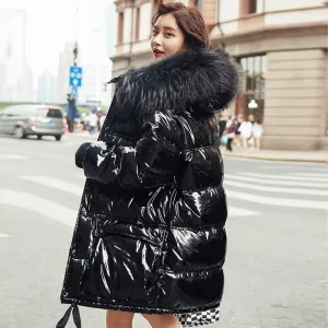 Real Natural Fur 2019 Patent Leather Winter Jacket Women Thicken Long Down Parka Hooded Female Duck Down Coat Waterproof Jacket