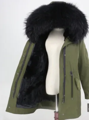 Women's Fur Lined Waterproof Long Parka in Army Green